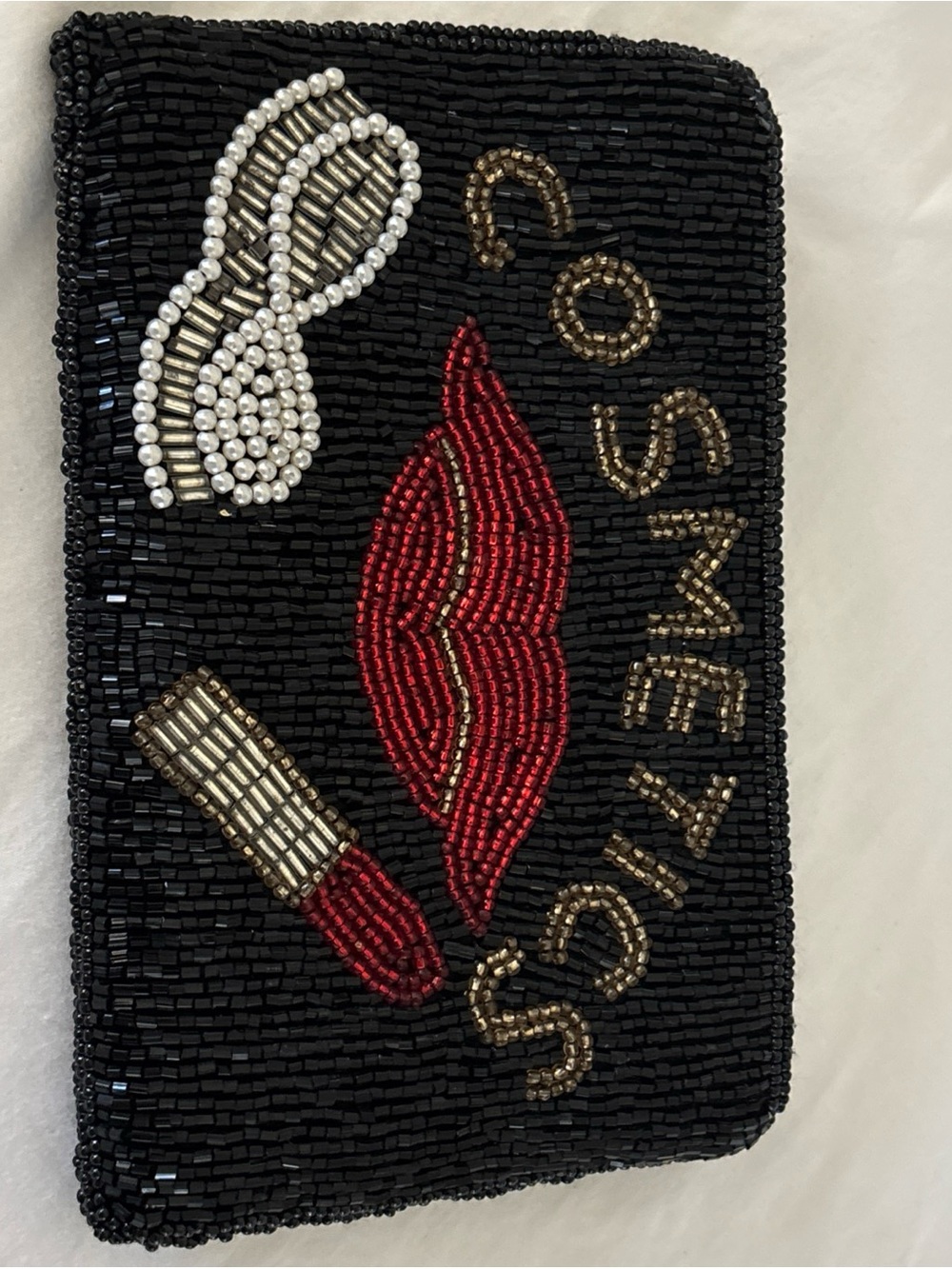 Vintage Walborg Beaded Cosmetic Pouch Pop Art Black  6.5”X4” Silk Lined